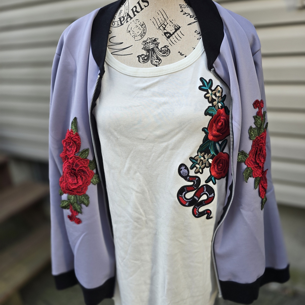 Boohoo Plus Gray Bomber Jacket with Red Floral Embroidery